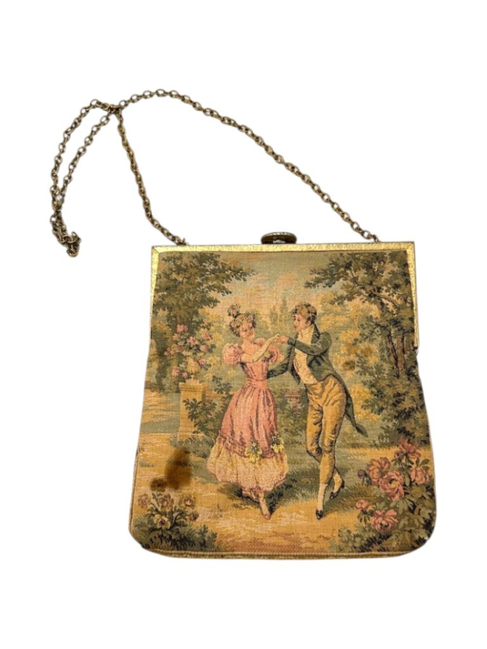 Antique Petit Point 1920s Tapestry Evening Bag Featuring a Charming Pastoral Sce